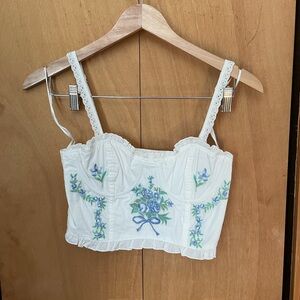 NWT Altar’d State Blue Embroidered Flower White Crop Corset Eyelet Top Size S